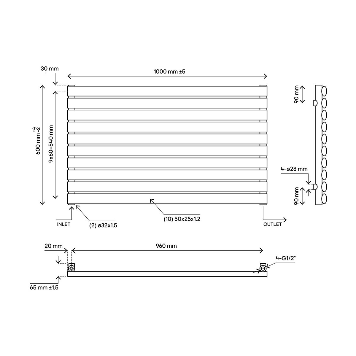 Blyss Designer Radiator White Horizontal Steel Wall Mounted (H)60x(W)100cm - Image 2