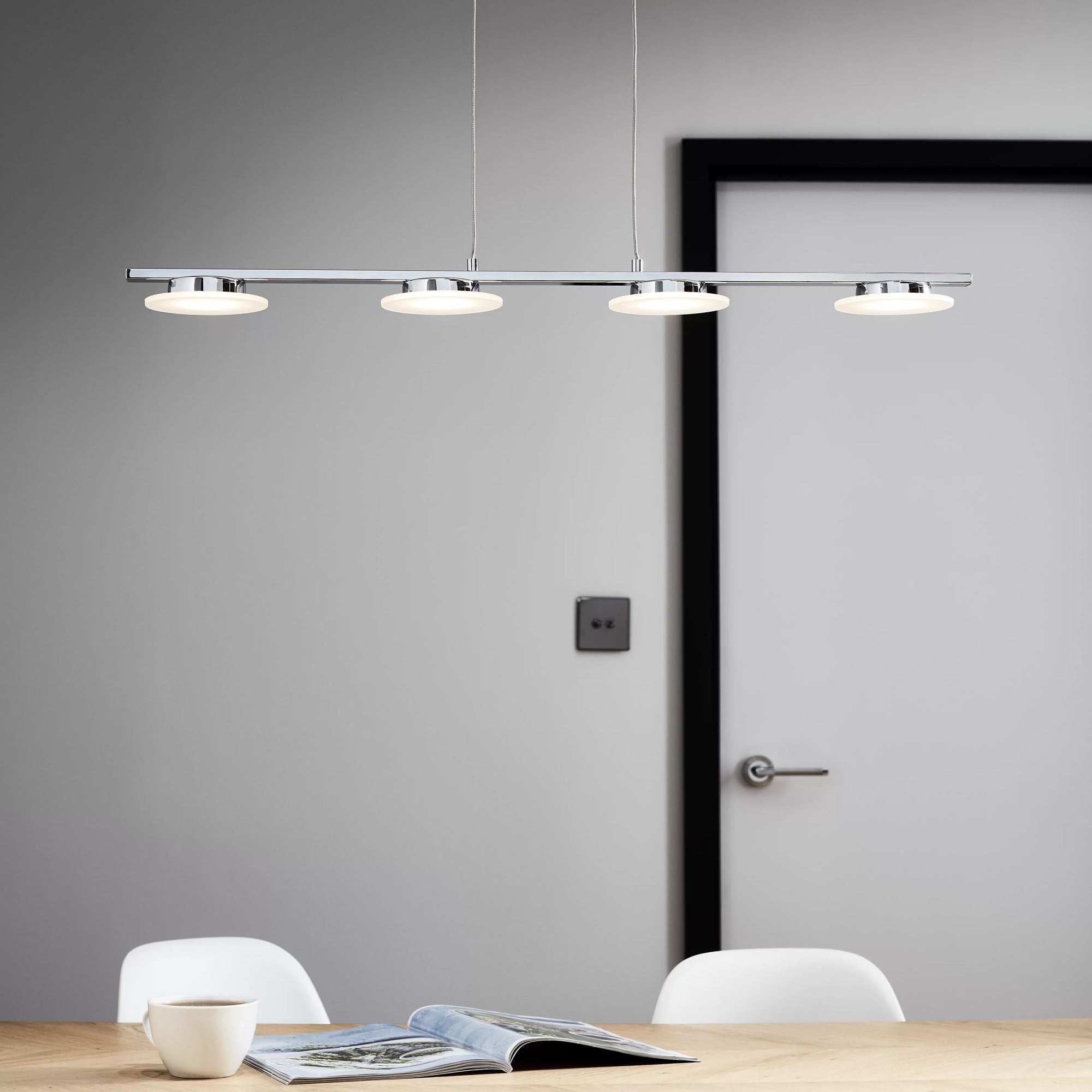 LED Ceiling Light Pendant 4 Way Multi Arm Hanging Bar Kitchen Warm White Chrome - Image 1