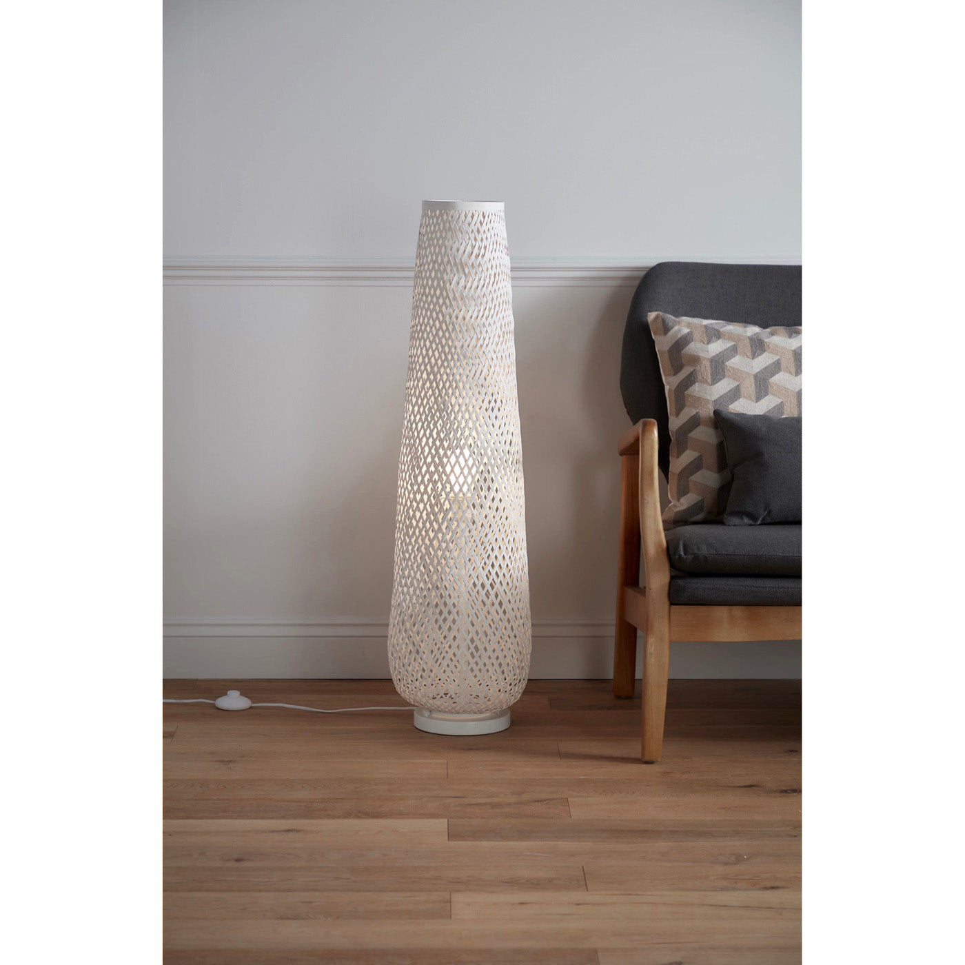 Floor Lamp White Matt Bamboo Natural Basket Weave Modern Livingroom 95cm - Image 1