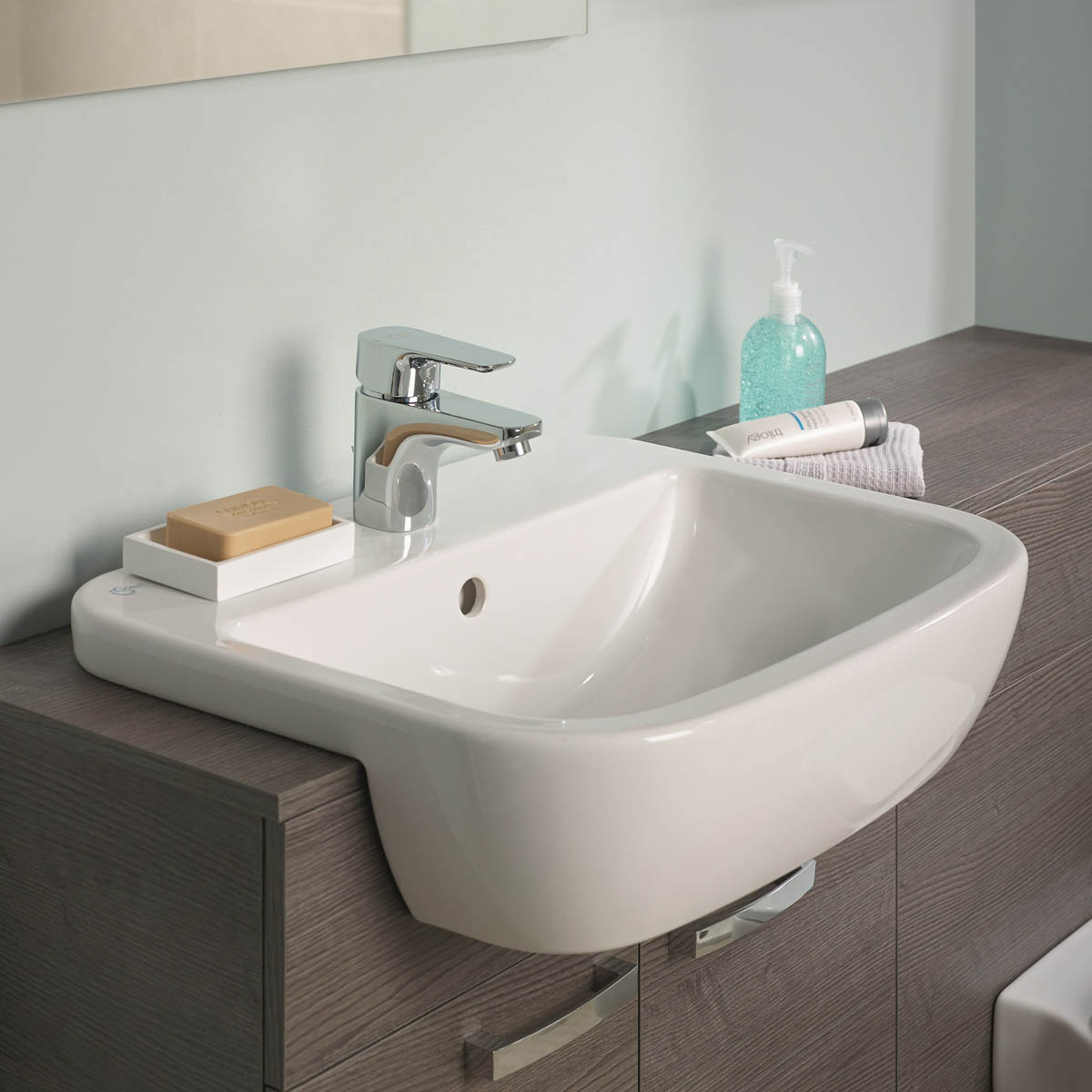 Bathroom Basin Sink White D Shaped Semi Recessed Compact Cloakroom Modern - Image 2