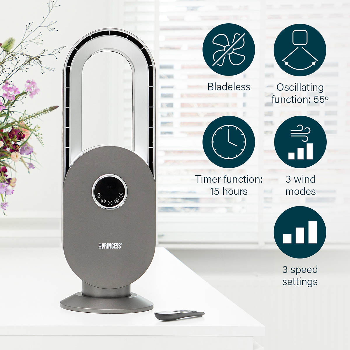 Princess Bladeless Fan Oscillating LED Remote Control Multifunctional (H)67.5cm - Image 9