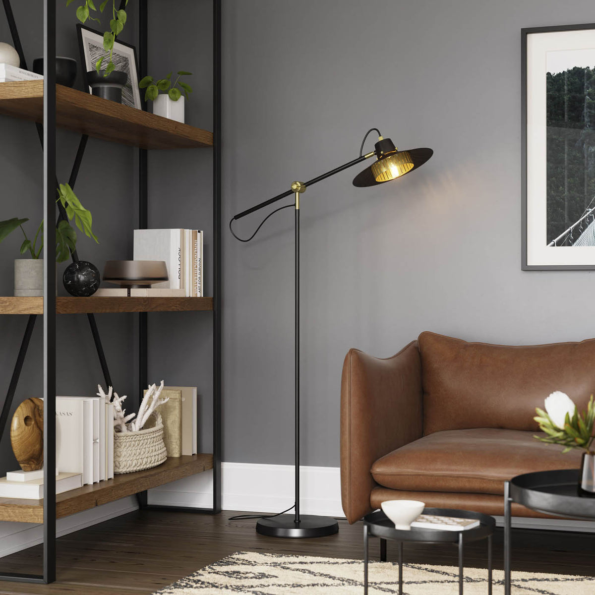 Floor Lamp Black Industrial Black Gold Metal Standing Living Bedroom 1.5m - Image 2