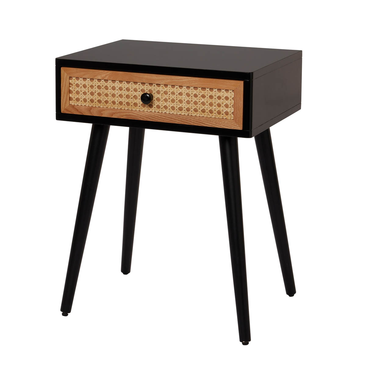 Bedside Table 1 Drawer MDF Matt Black Rattan Effect (H)580mm (W)450mm (D)450mm - Image 1