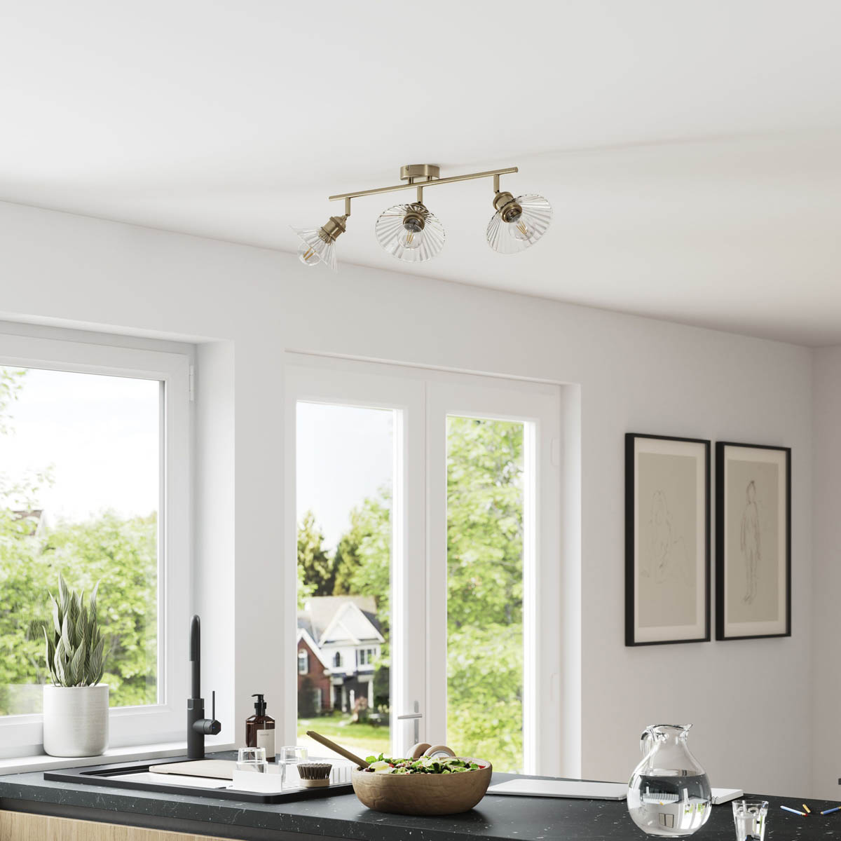 LED Spotlight Multi Arm Rotatable Metal Satin Nickel Effect Ribbed Glass Antique - Image 2