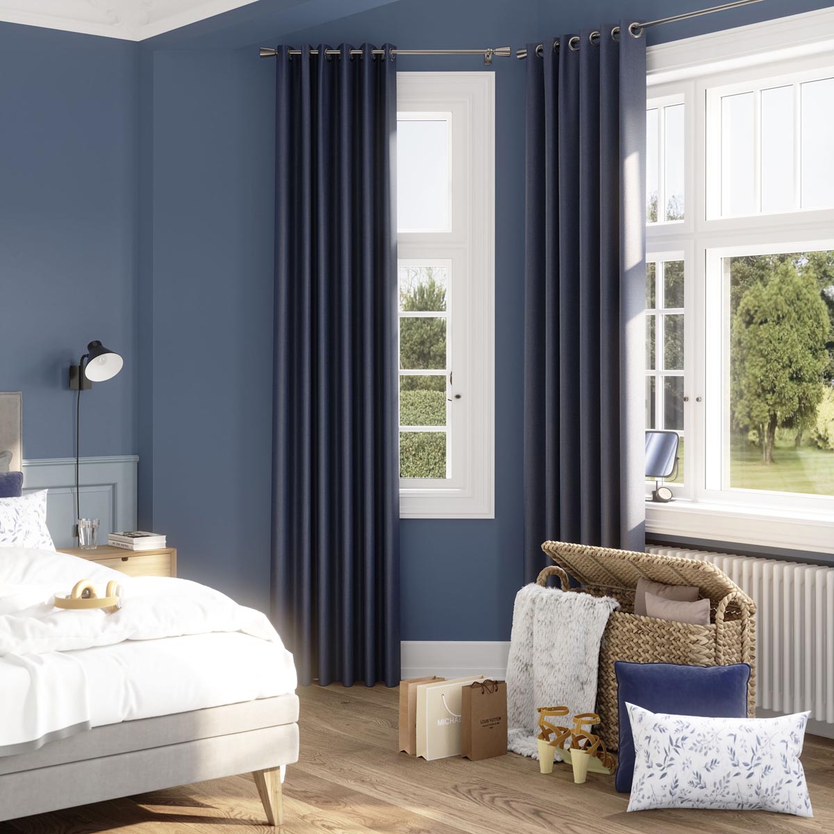 Eyelet Curtain Pair Navy Blue Blackout Chevron Lined Bay Window (W)228 (L)228cm - Image 2