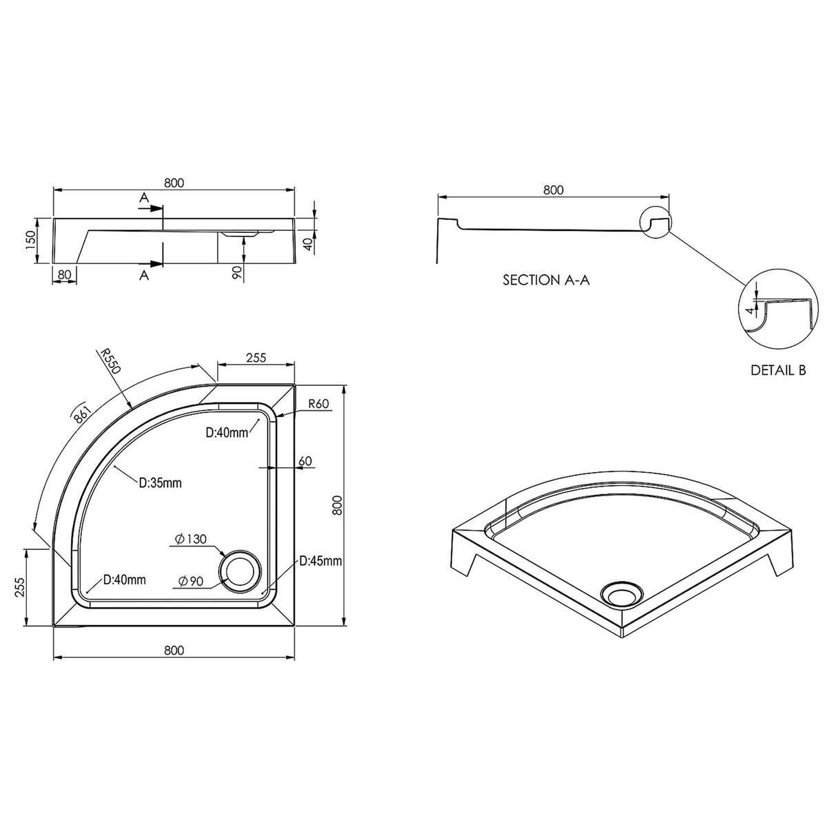 Shower Tray Gloss White 150mm Quadrant Corner Drain Anti Slip Corner Modern - Image 2
