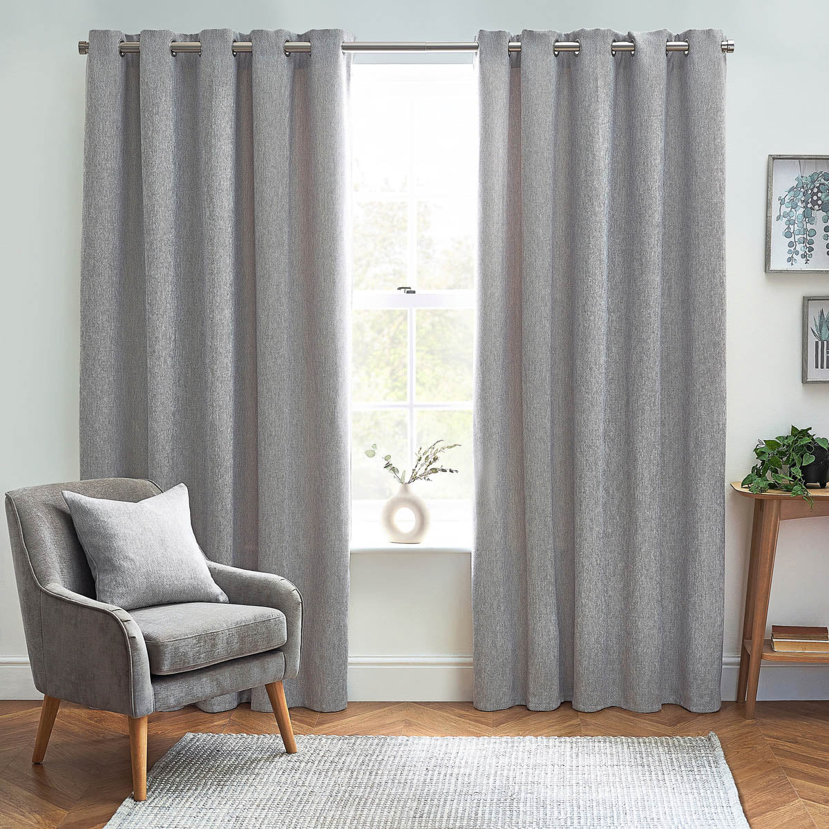 Thermal Curtains Grey Woven Eyelet Ring Top Ready Made Pair (W)117x(L)137cm - Image 1