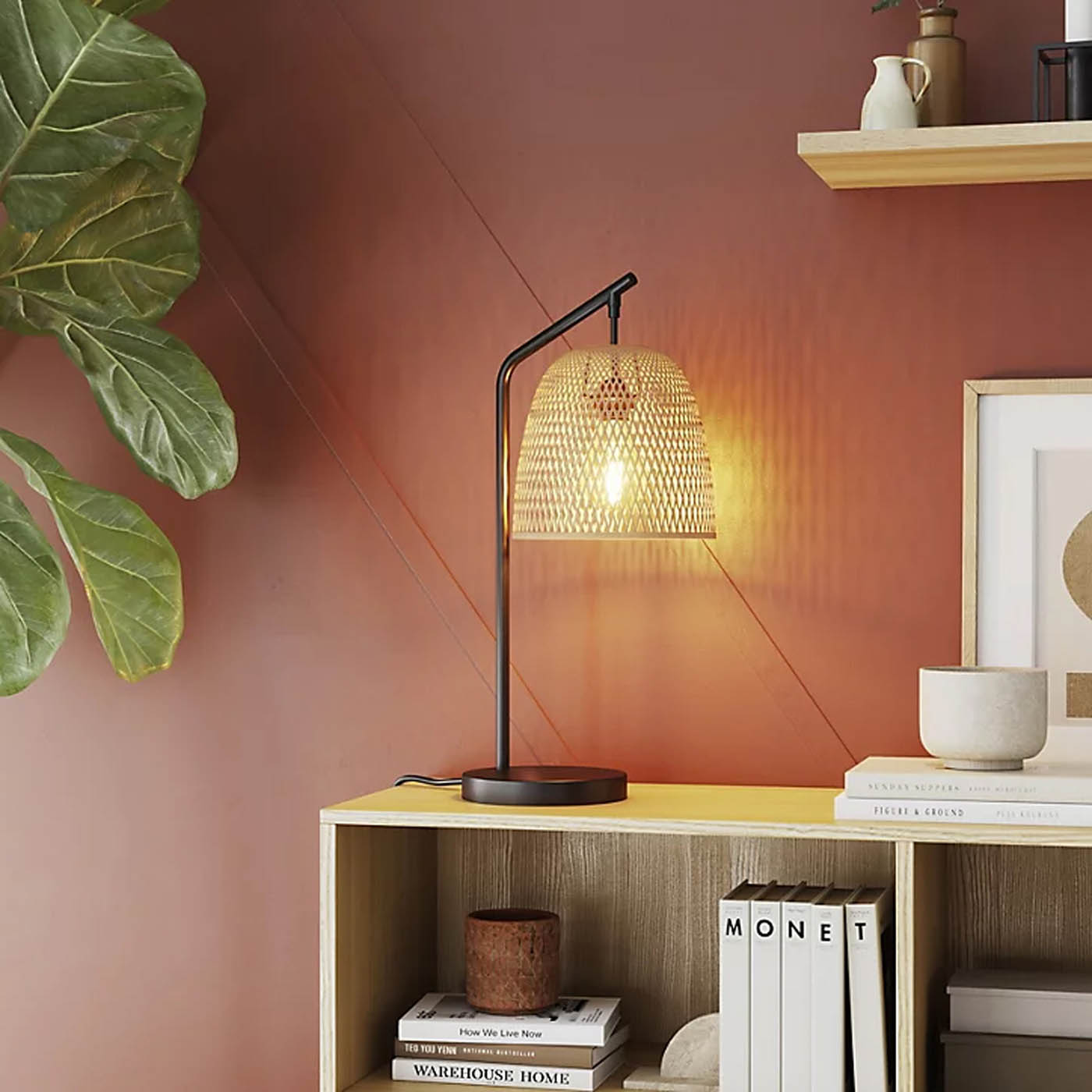 Table Lamp Black Natural Wood Look Eco Halogen Energy Saving Modern Compact - Image 2