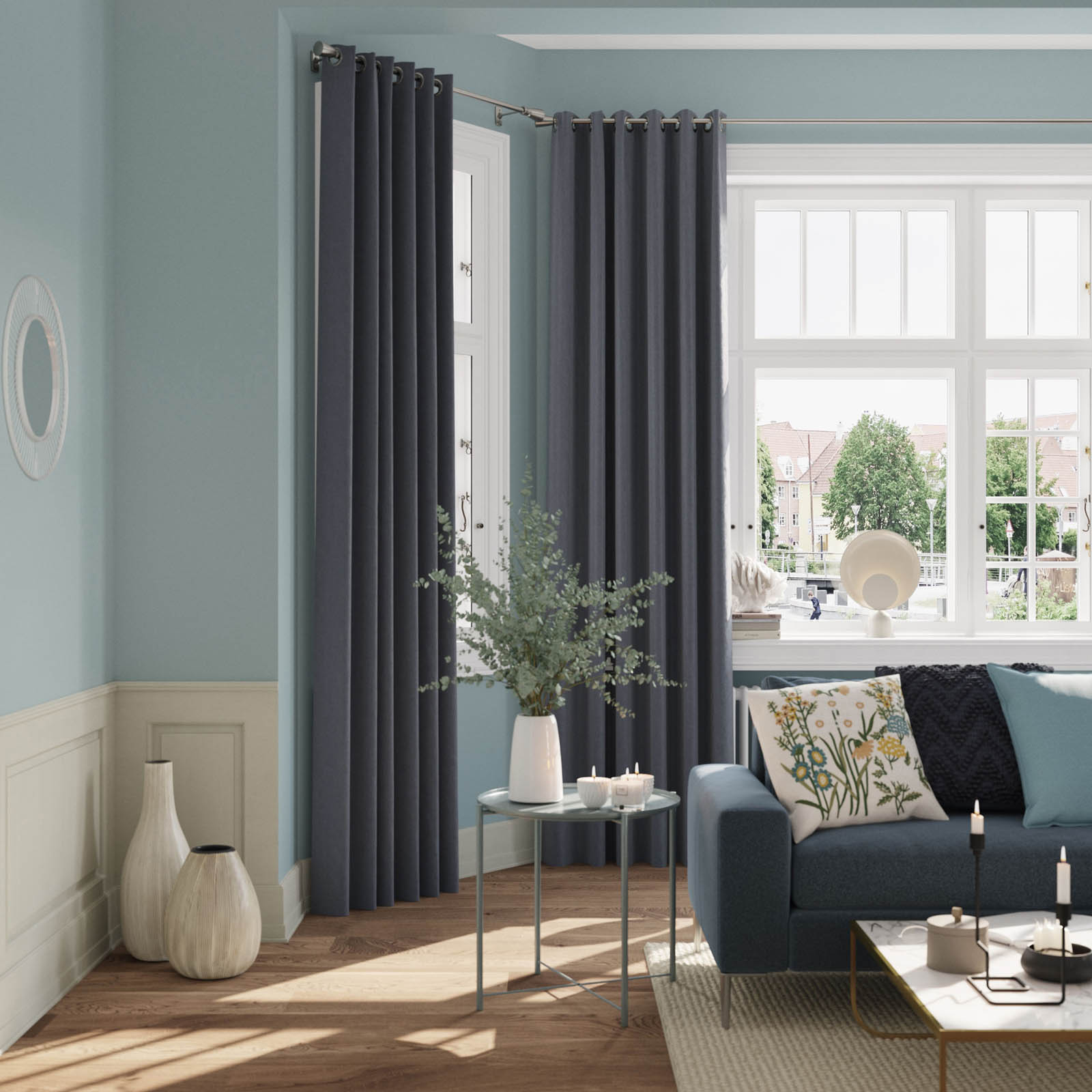 Eyelet Curtain Deep Navy Velvet Lined Ready Made Ring Top Pair Indoor 117x137cm - Image 2