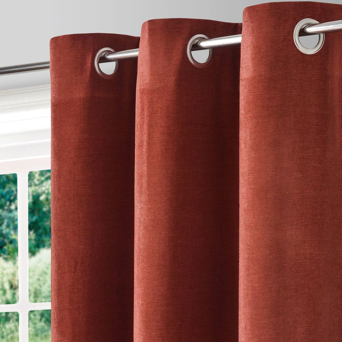 Eyelet Curtain Pair Red Terracotta Plain Woven Lined Bay Window (W)167 (L)183cm - Image 2