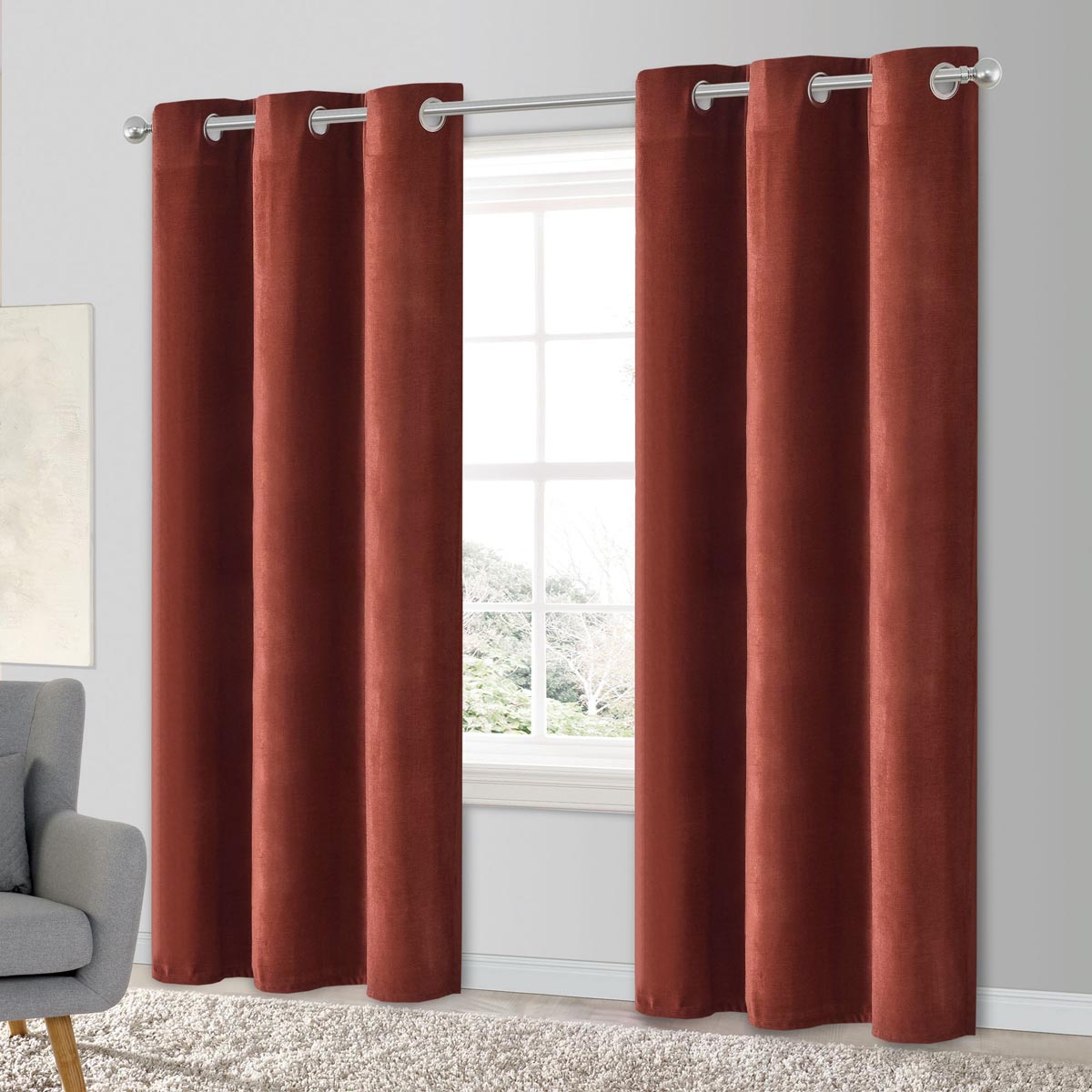 Eyelet Curtain Pair Red Terracotta Plain Woven Lined Bay Window (W)167 (L)183cm - Image 4