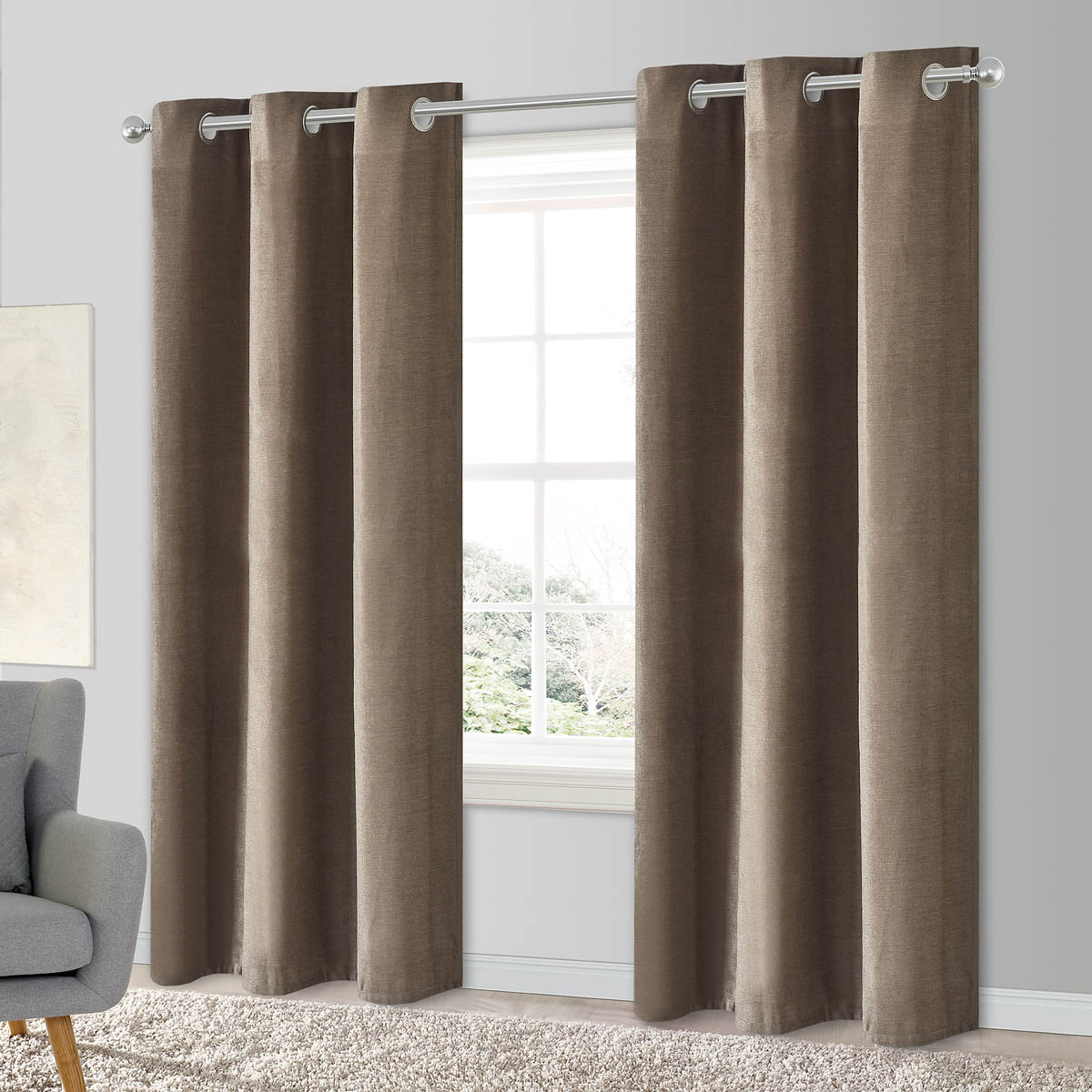 Curtain Pair Taupe Plain Woven Chenille Lined Eyelet Weighted (W)167cm (L)228cm - Image 1