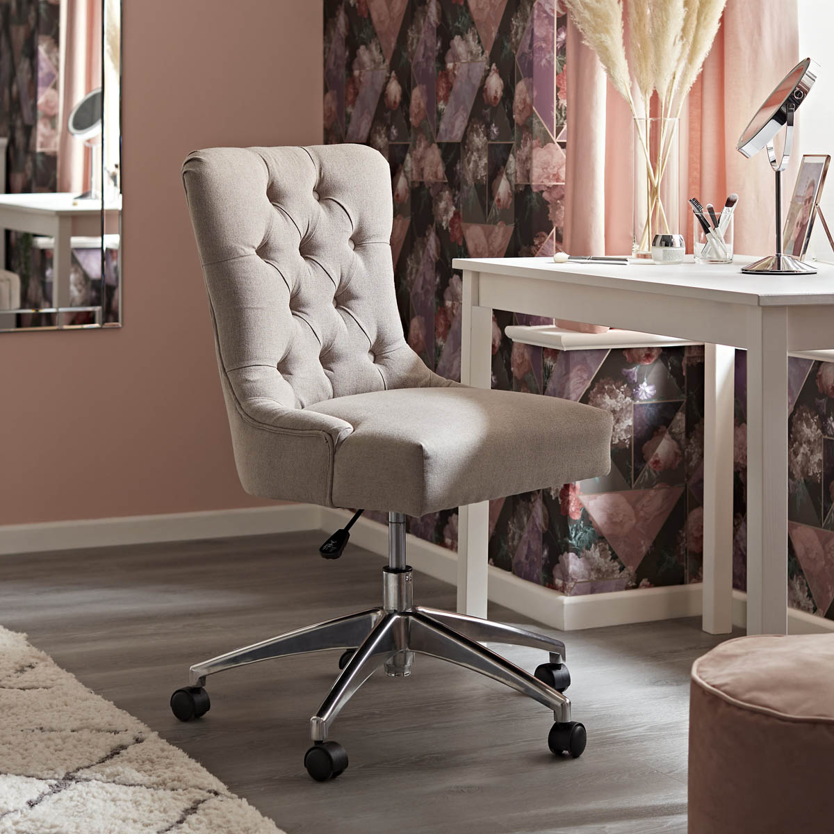 Office Chair Grey Linen Effect Swivel Adjustable Height Contemporary Home - Image 2