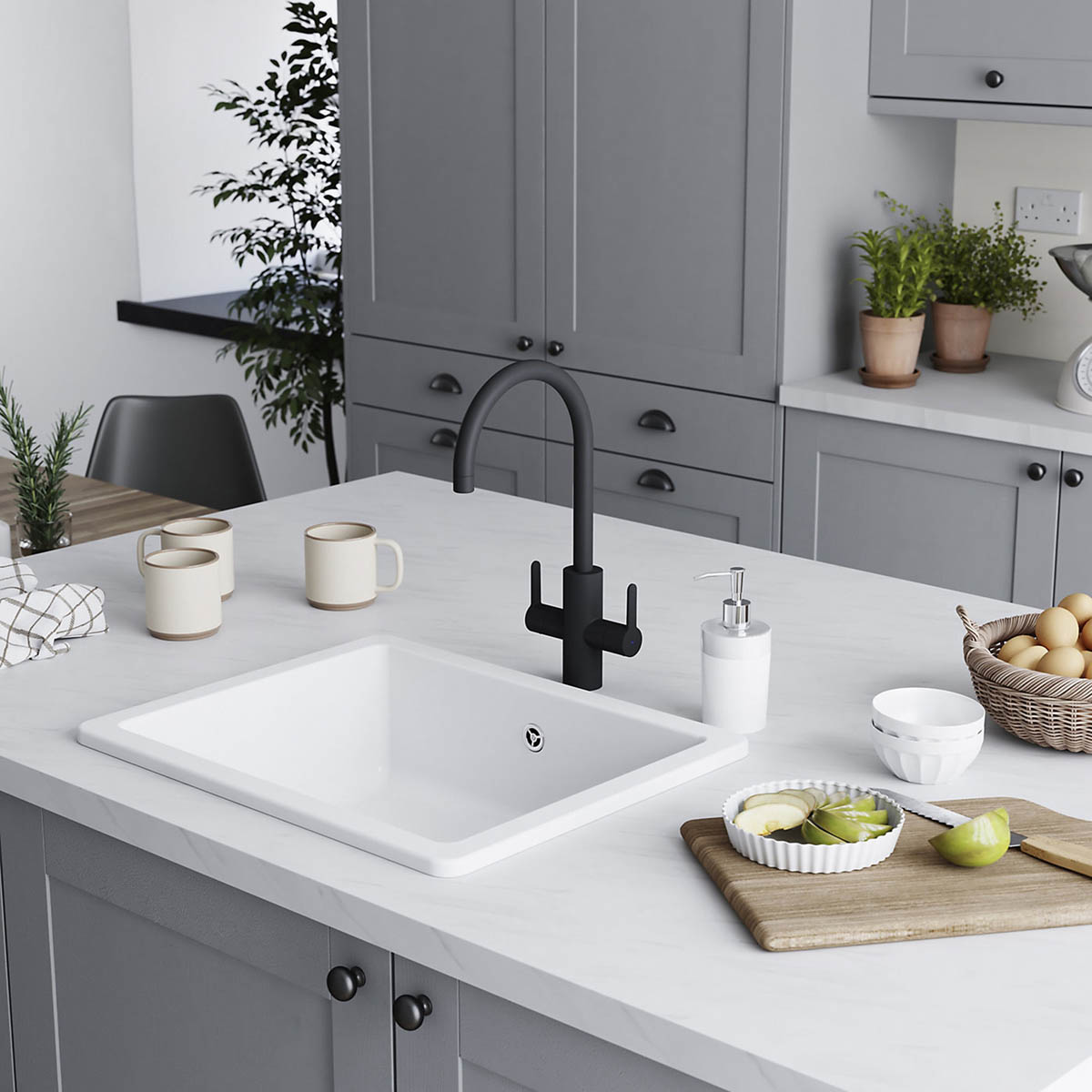 Kitchen Sink Tap Mixer Black Graphite Brass Dual Lever Swivel Spout Faucet - Image 3