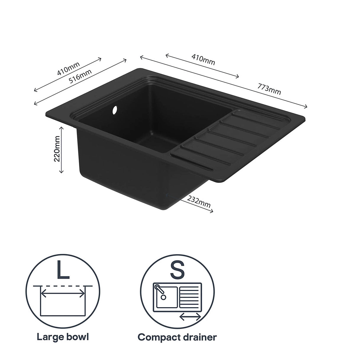 GoodHome Romesco Composite Quartz Sink Drainer Black 773x773mm - Image 8