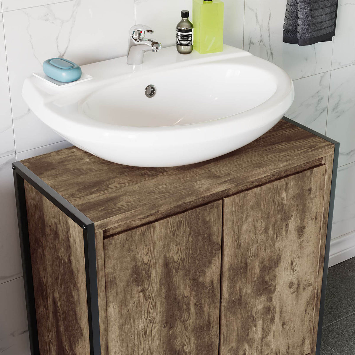 Bathroom Sink Cabinet Matt Brown Chipboard Freestanding Double Storage Furniture - Image 4