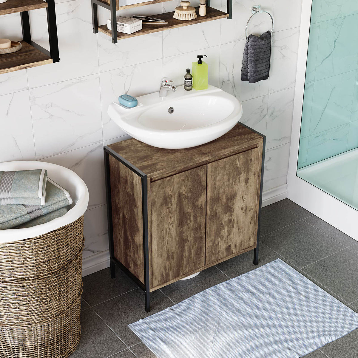 Bathroom Sink Cabinet Matt Brown Chipboard Freestanding Double Storage Furniture - Image 6