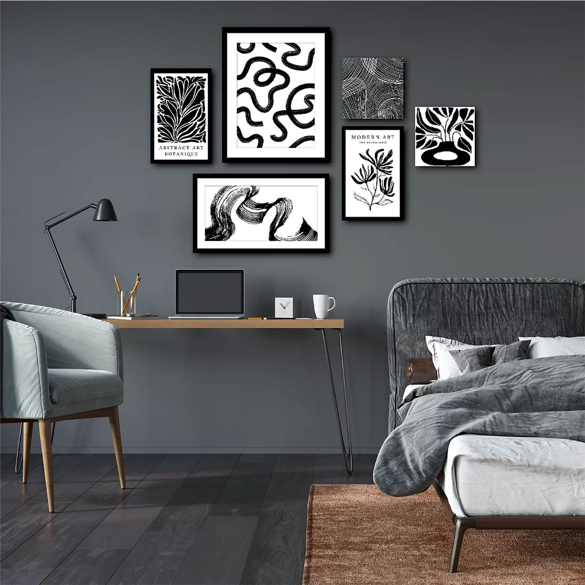 Arthouse Canvas Wall Art Set of 6 Monochrome Black White 48cm - Image 2