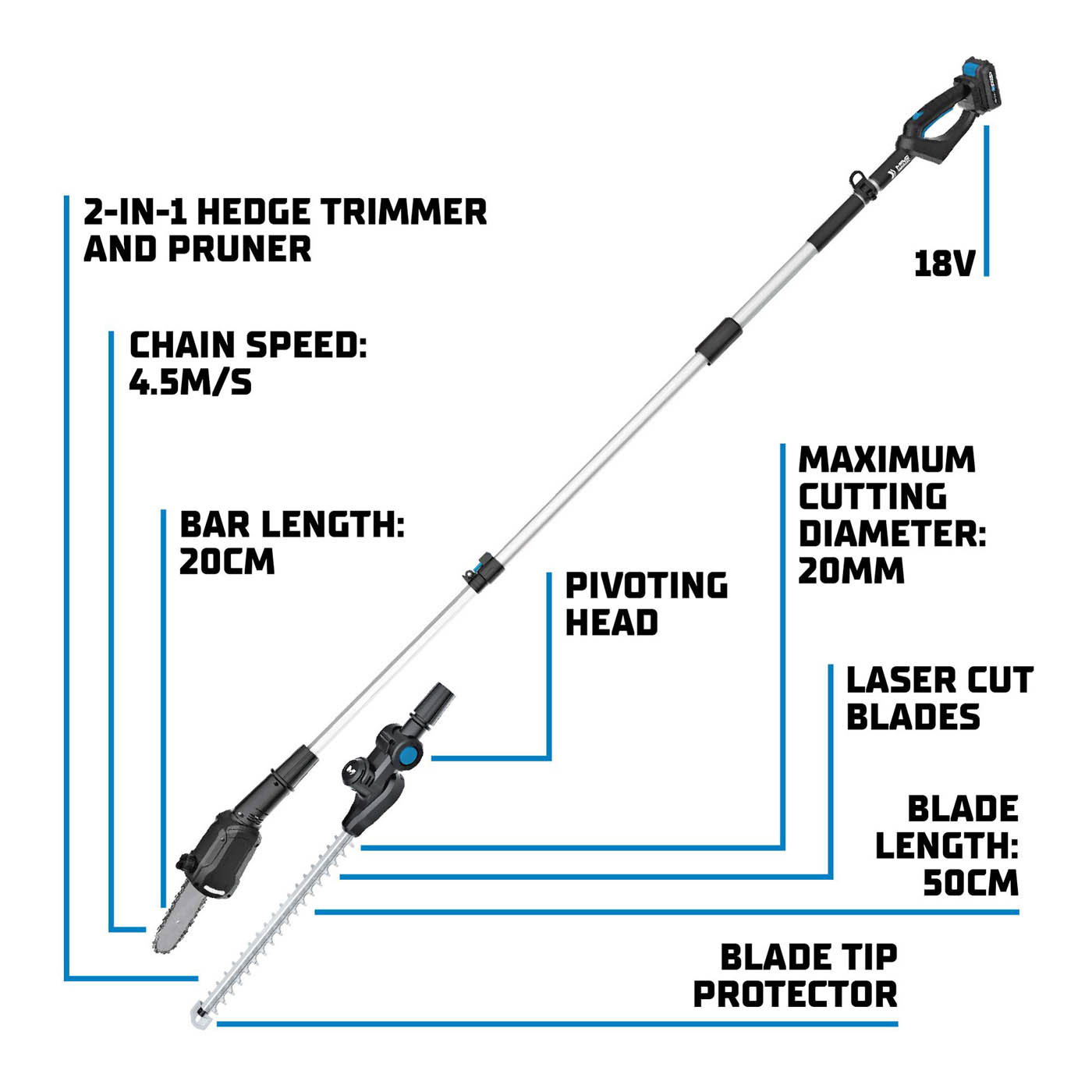 Mac Allister Cordless Pole hedge trimmer 50cm 18V 1 x 2Ah M2MT18-Li - Image 2