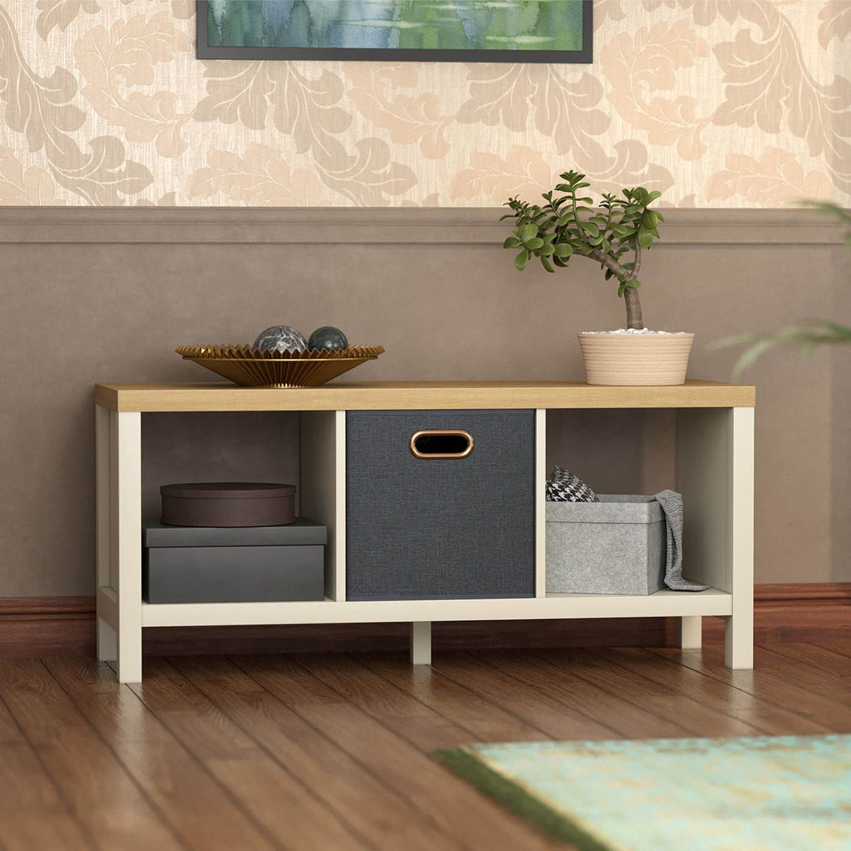 Cube Shelving Unit 3 Compartments Oak Effect Contemporary (H)493mm (W)390mm - Image 2