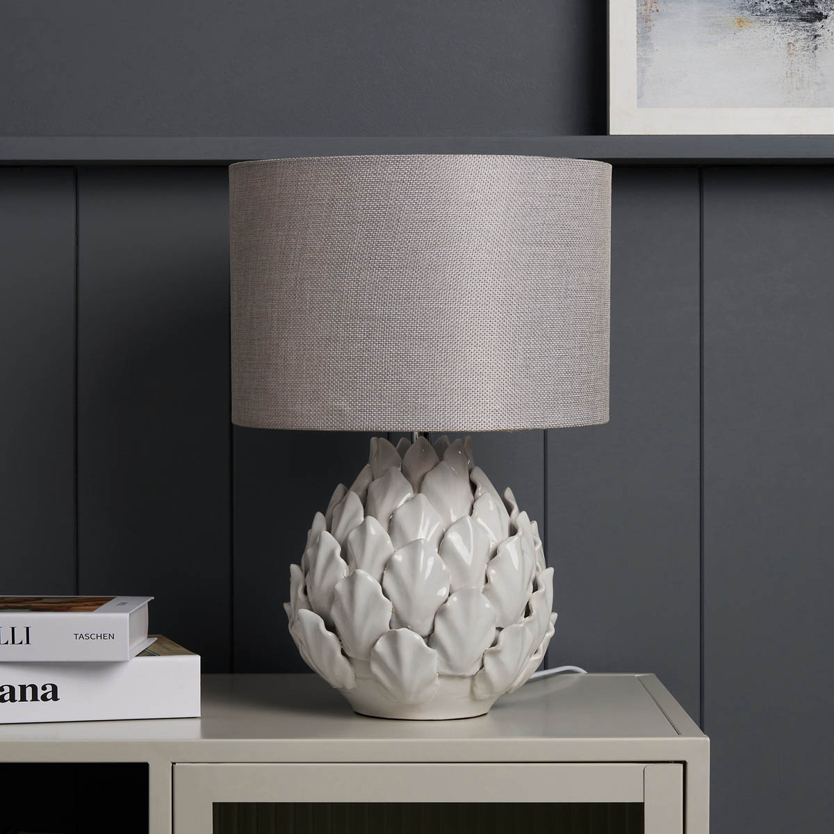 Inlight Table Lamp Gloss White Ceramic Artichoke Round Silver Shade Modern - Image 7
