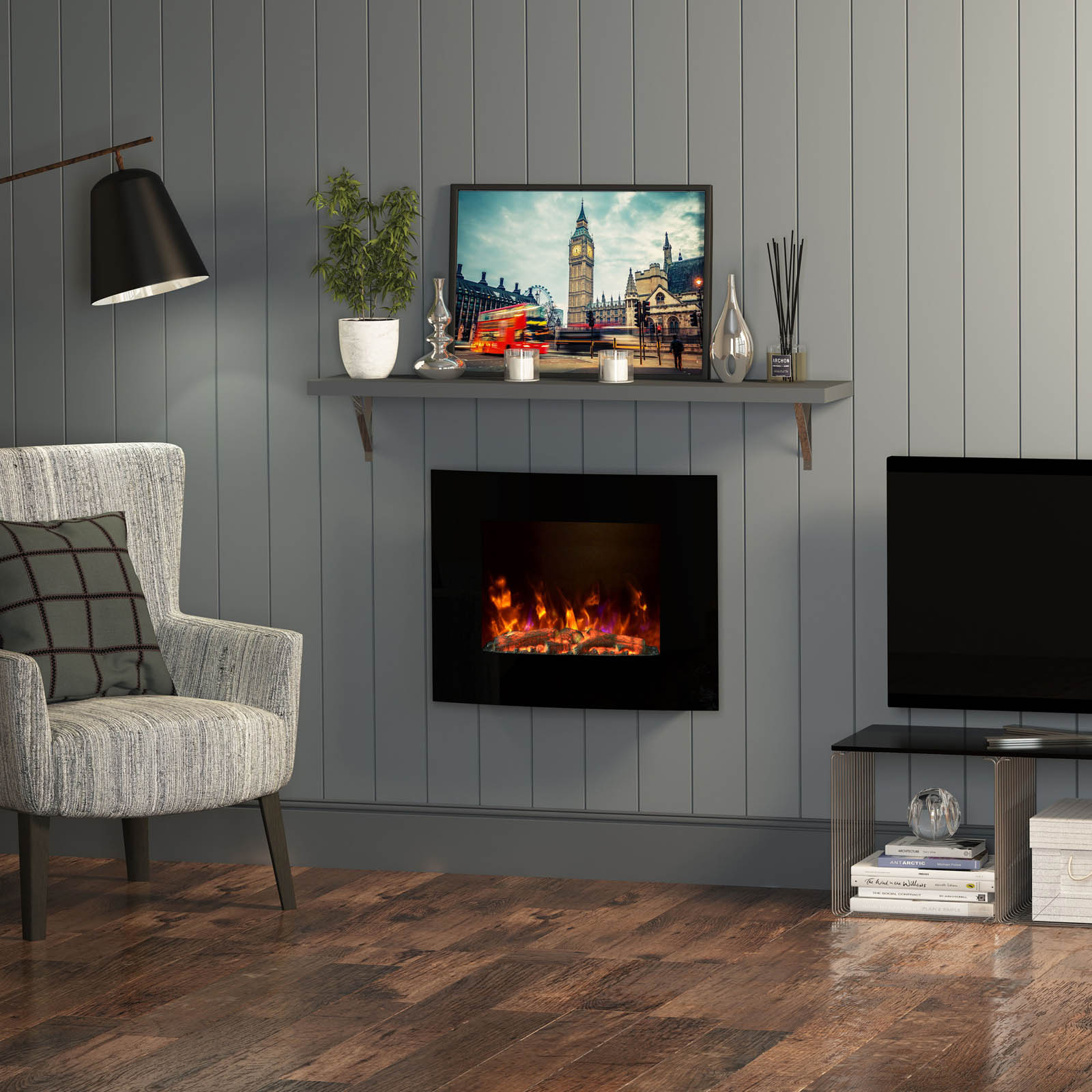 Electric Fire Fireplace 2kW Gloss Black Glass Effect Wall Mounted Heater - Image 4