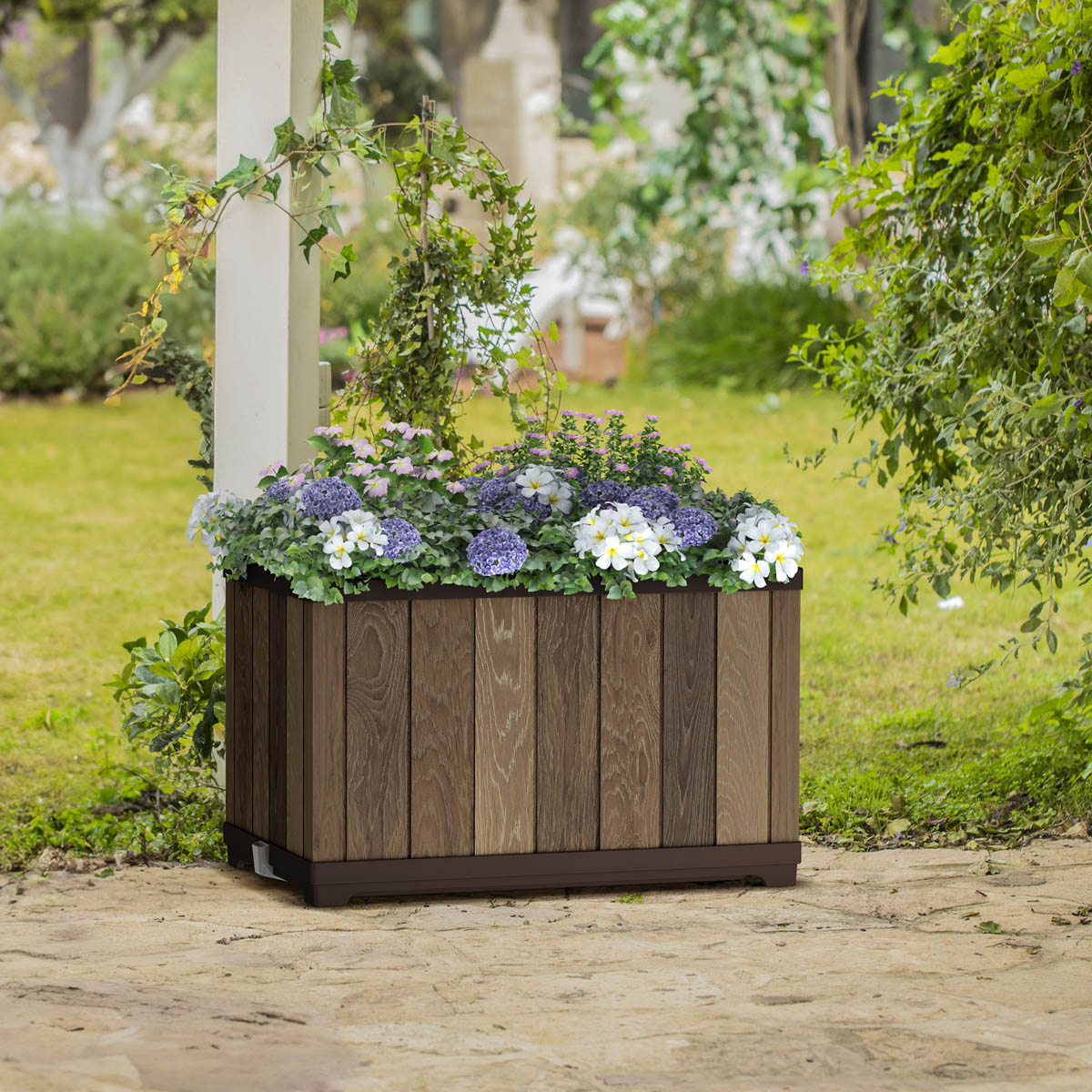 Plant Pot Outdoor Flower Planter Brown Wood Effect Walnut Plastic Resin (H)55cm - Image 2