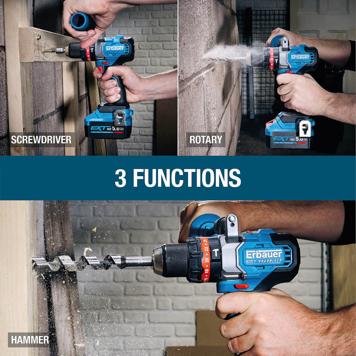 Erbauer Combi Drill Cordless 18V 2x5Ah Li-ion ERI1107COM Brushless Compact - Image 4