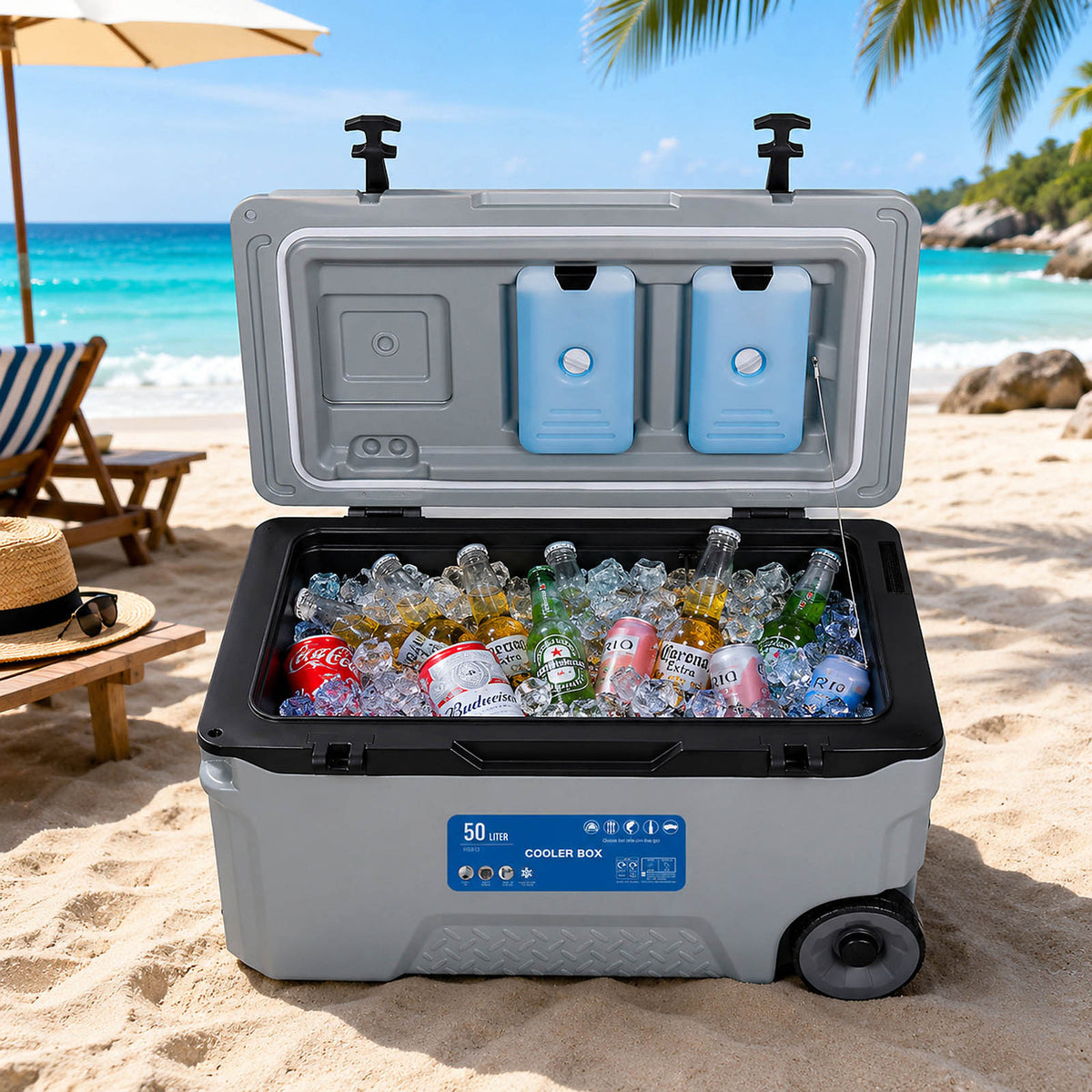 Camping Ice Cooler Box 50L Grey Plastic Portable Picnic Lunch Camping Wheeled - Image 7
