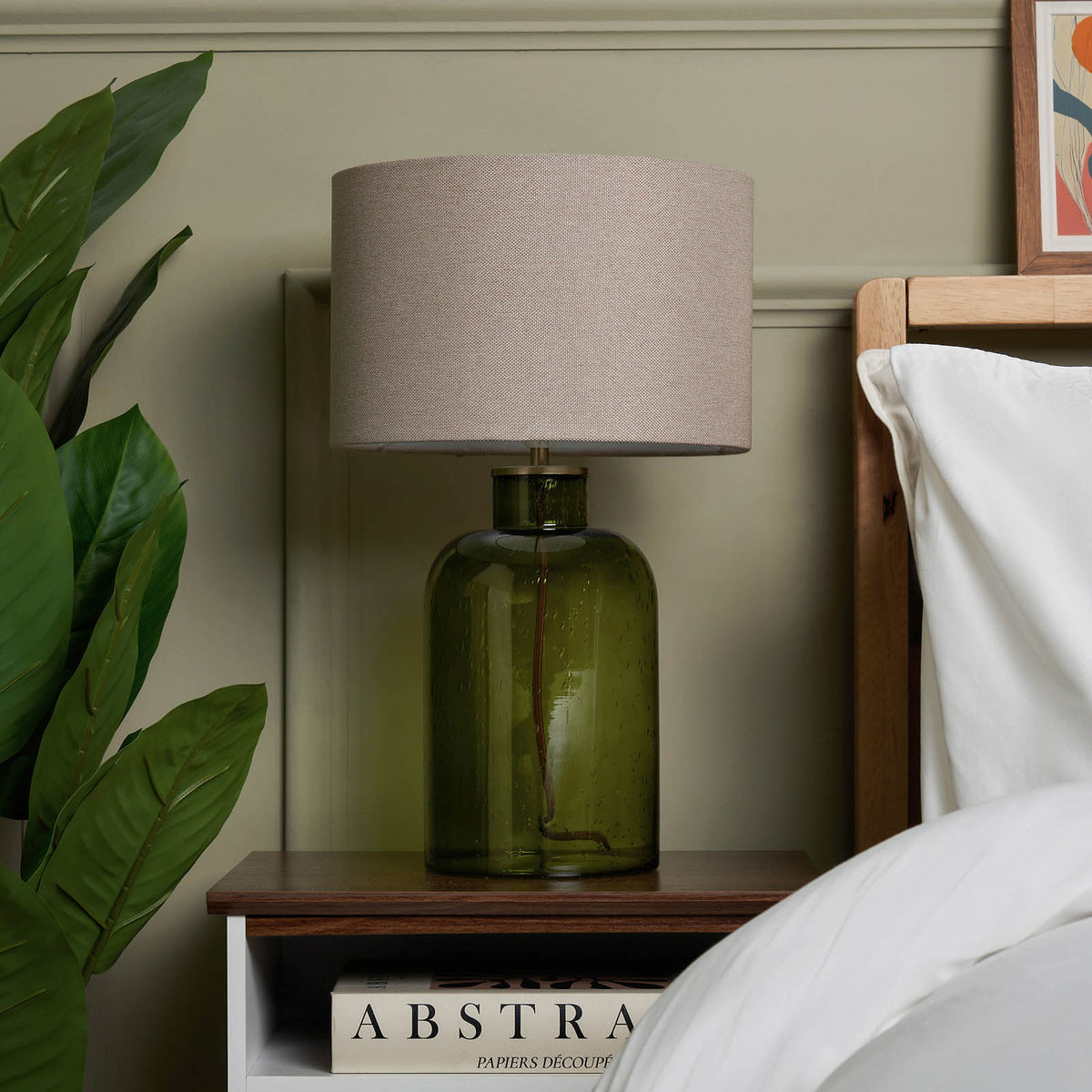 Inlight Table Lamp Round Green Glass Base Neutral Fabric Shade Contemporary - Image 3