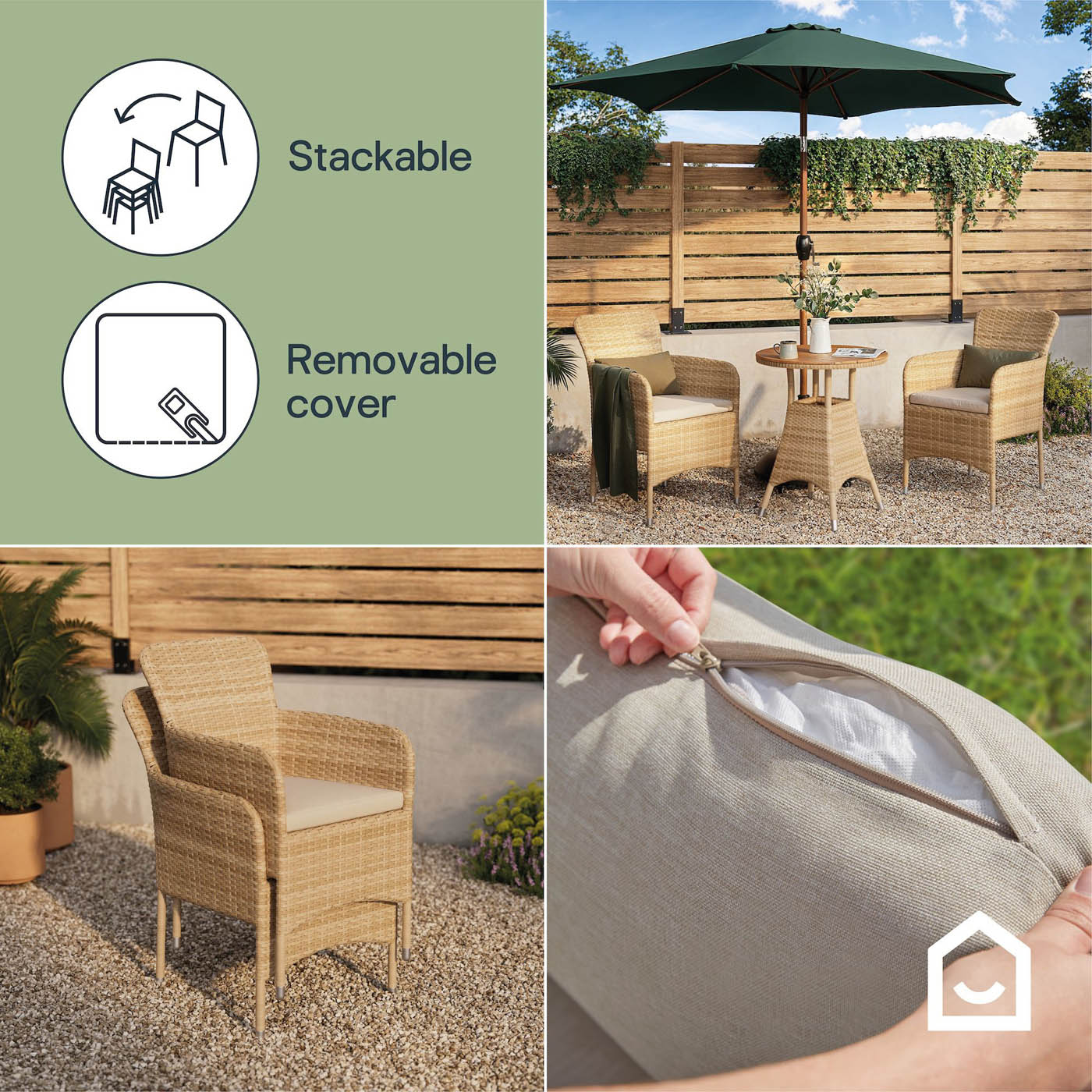 Garden Furniture Bistro Set 2 Seater Beige Rattan Effect Armchair Table Patio - Image 4