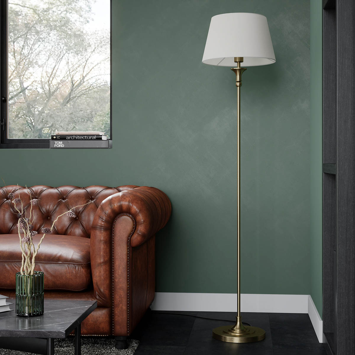 Floor Lamp LED Satin Cream Fabric Shade Antique Brass Effect Traditional - Image 4