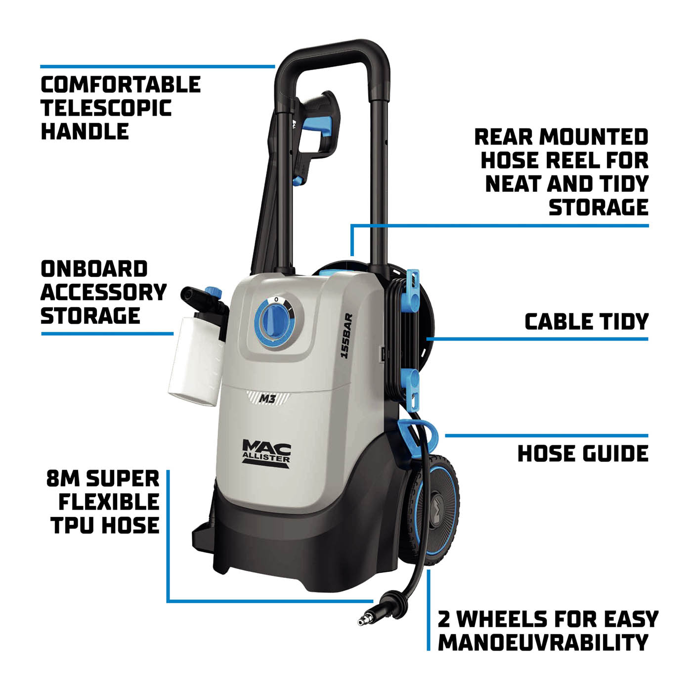Mac Allister High Pressure Washer Jet M3 Corded Electric Powerful 155bar 2.2kW - Image 2