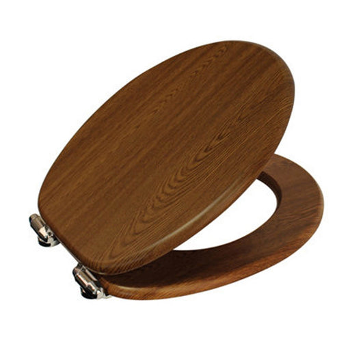 Toilet Seat Soft Close Wooden Brown Round WC Bathroom Adjustable Hinges Durable - Image 1