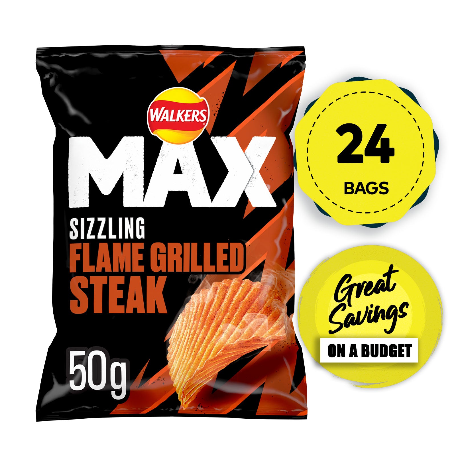 Walkers Max Crisps Sizzling Flame Grilled Steak Flavour 24 x 50g - Image 1