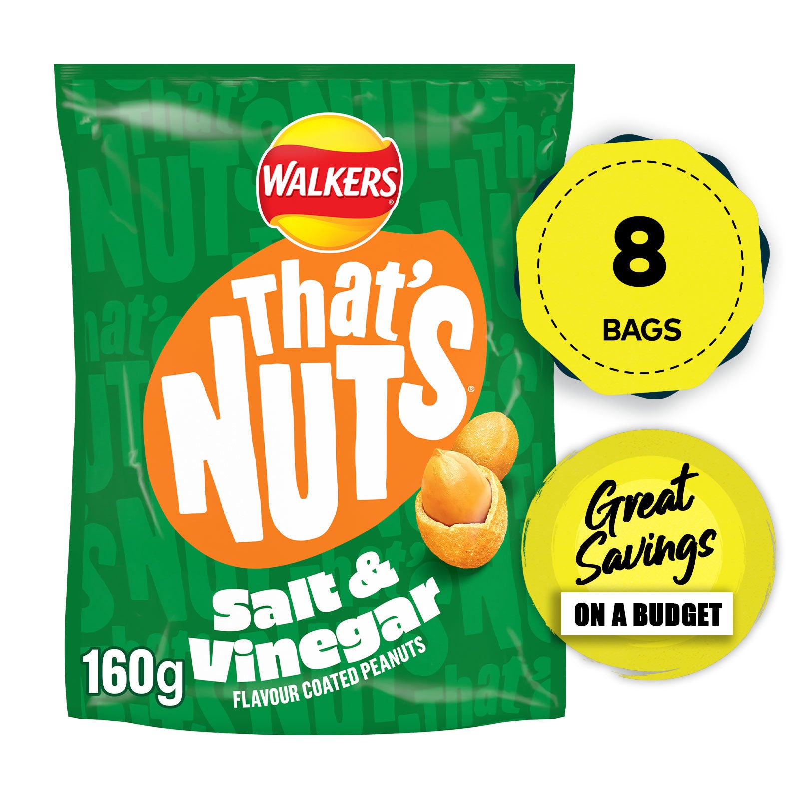 Thatβs Nuts Walkers Salt & Vinegar Sharing Coated Peanuts 8 x 160g - Image 1