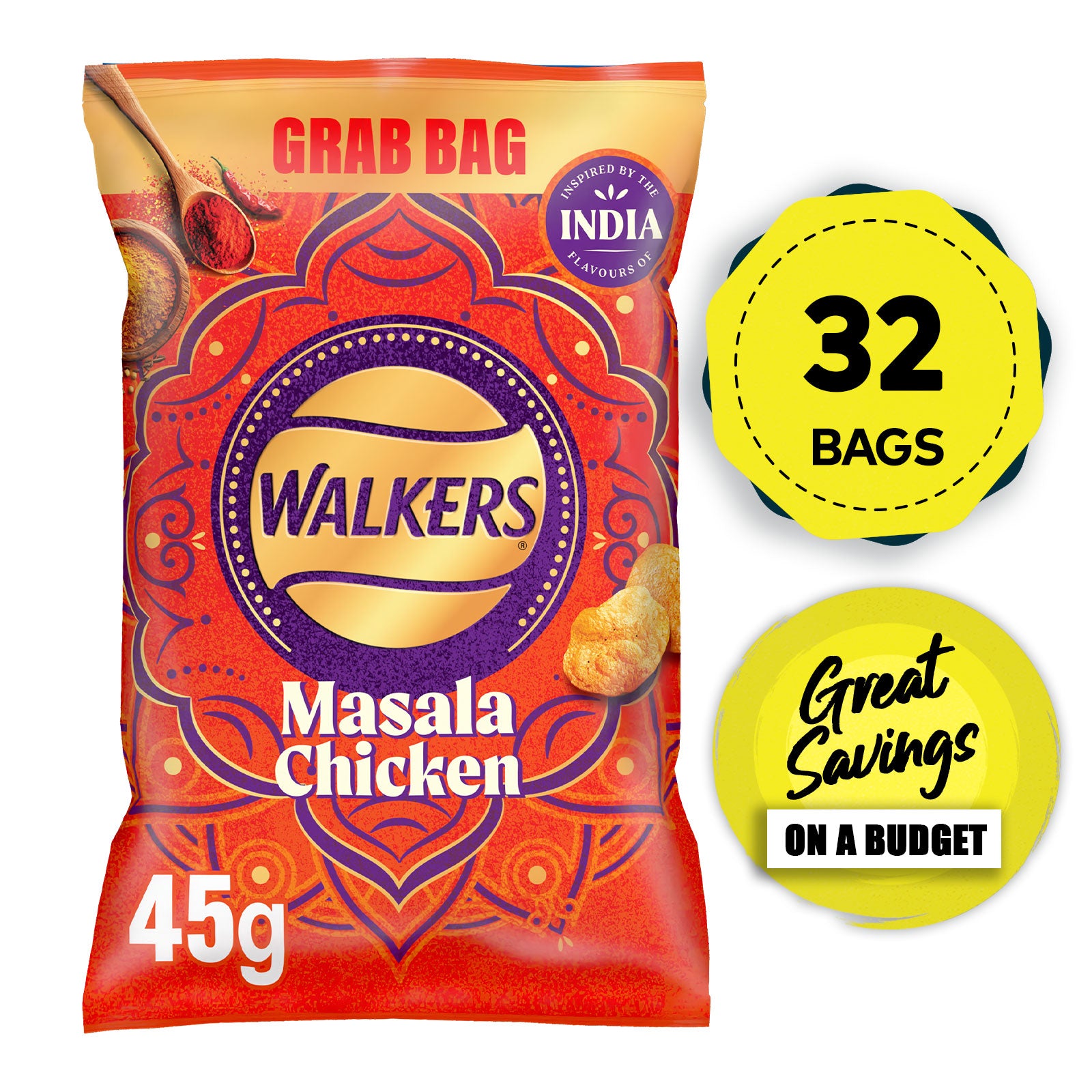 Walkers Crisps Masala Chicken Sharing Multipack 32 Bags x 45g - Image 1