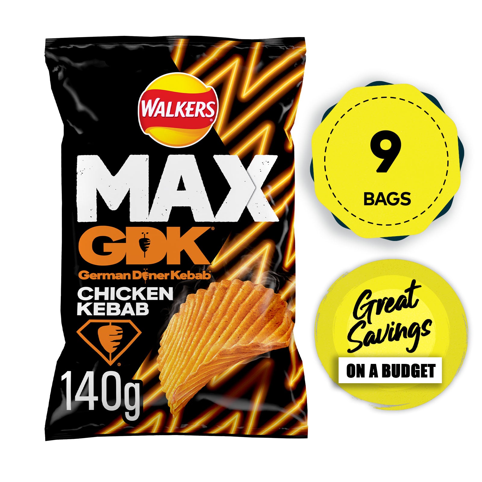 Walkers Max Crisps GDK Chicken Kebab Sharing 9 Bags x140g - Image 1