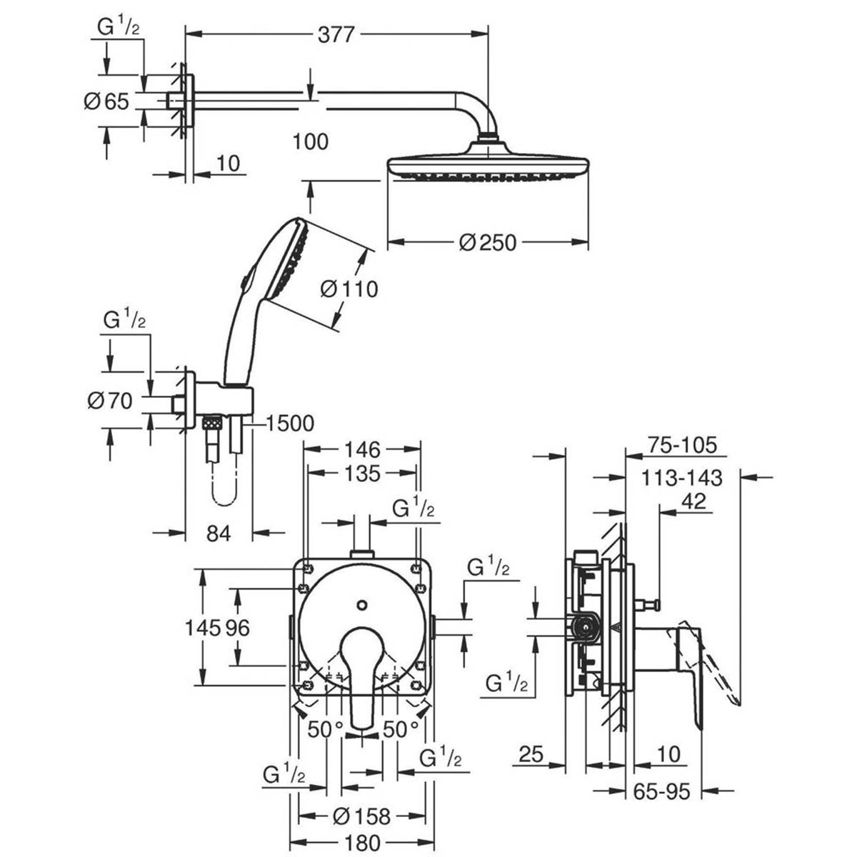 Grohe Thermostatic Shower Mixer System Chrome Concealed Twin Round Head Modern - Image 2
