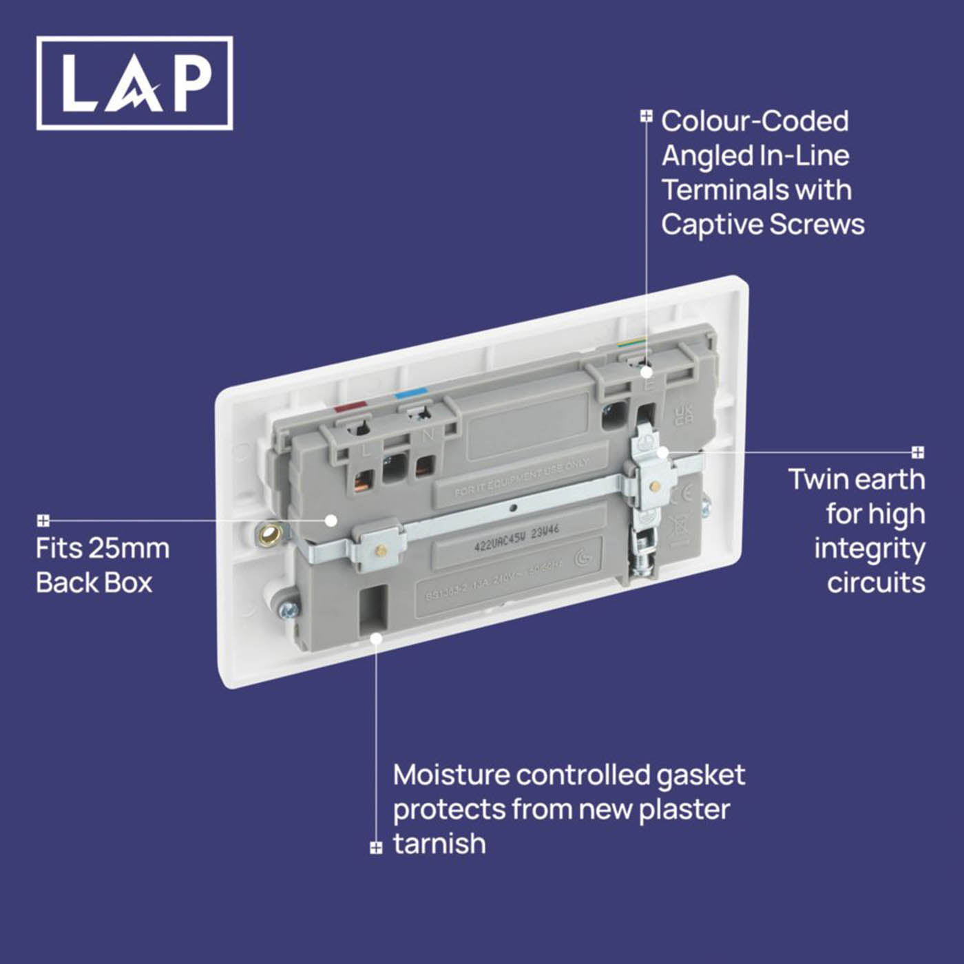 LAP 13A 2-Gang SP Switched Socket + 3A 45W 2-Outlet Type A & C USB Charger White - Image 5