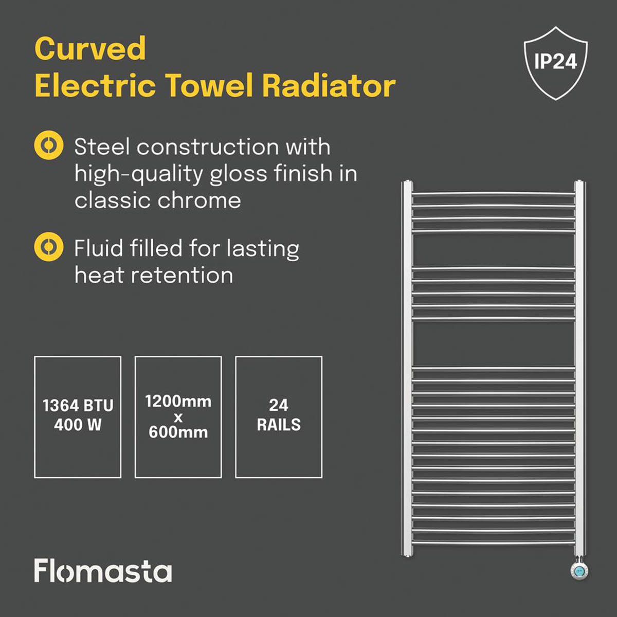 Flomasta Electric Towel Radiator Chrome Curved 1200mm x 600mm 1364BTU - Image 4