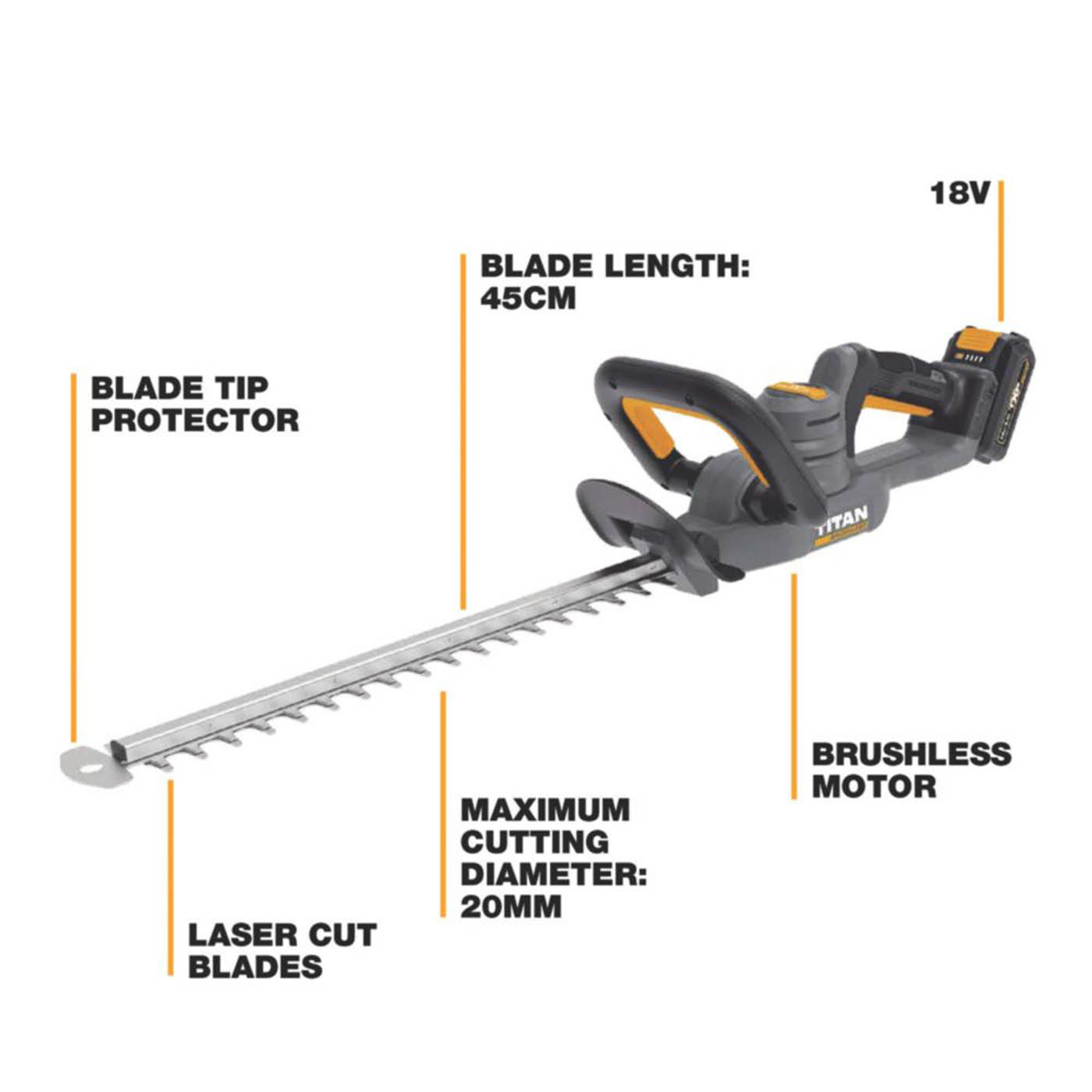 Titan TTI1206GHT 45cm 18V 1 x 2.0Ah Li-Ion TXP Brushless Cordless Hedge Trimmer - Image 3