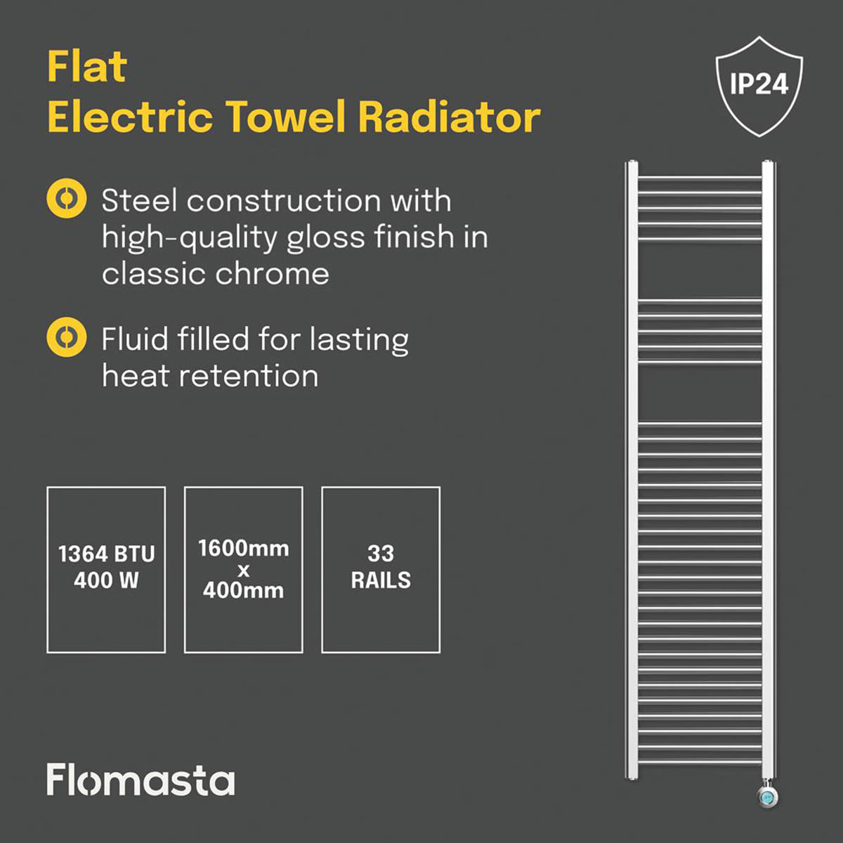 Flomasta 1600mm x 400mm 1364BTU Chrome Flat Electric Towel Radiator - Image 4