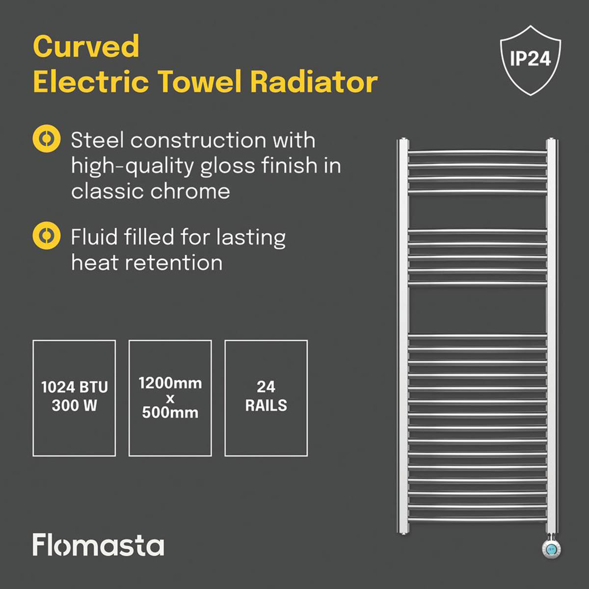 Flomasta Towel Radiator Electric Chrome Gloss Curved 1200mm x 500mm 1024BTU - Image 4