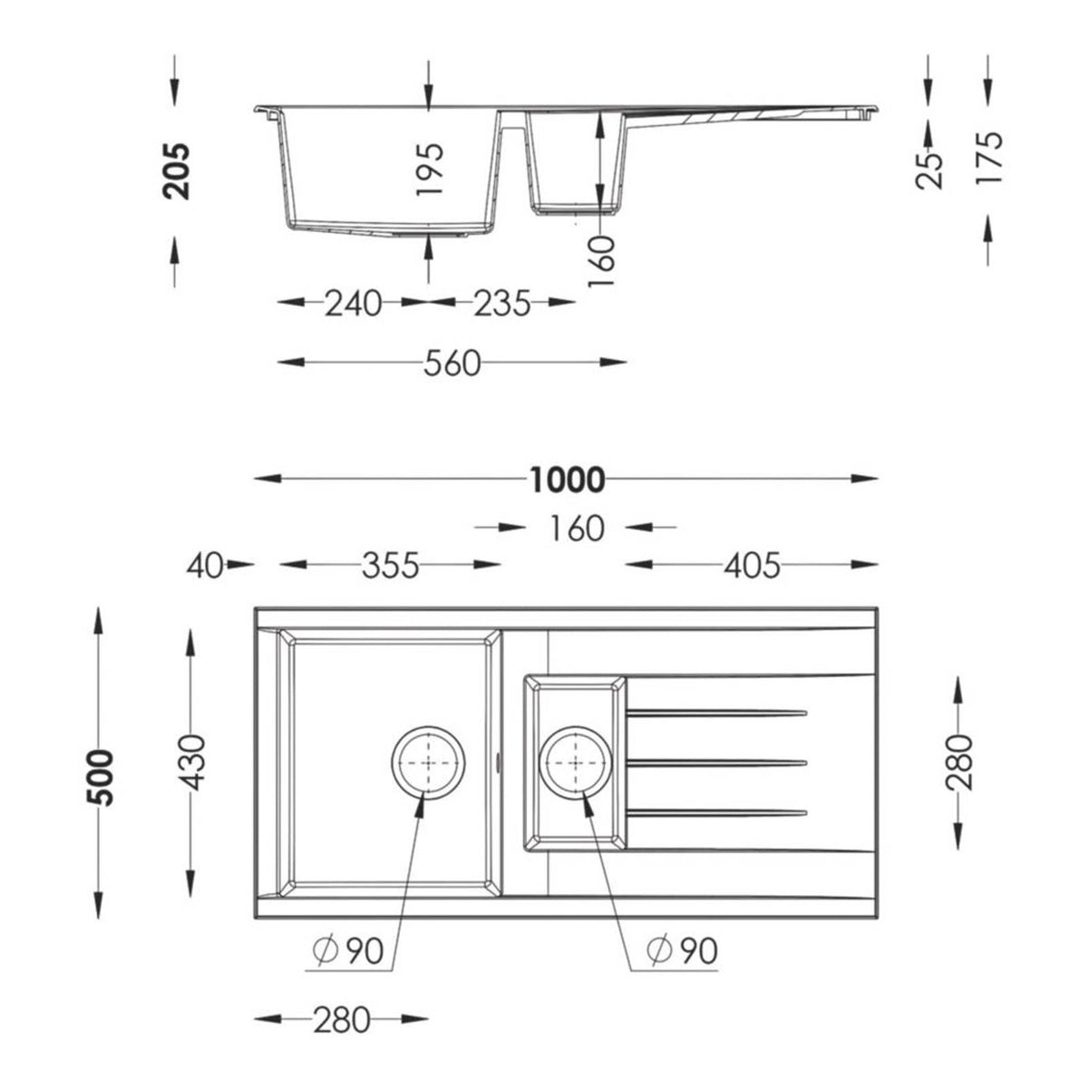 Swirl Erzen 1.5 Bowl Grey Composite Sink 1000mm x 500mm - Image 3
