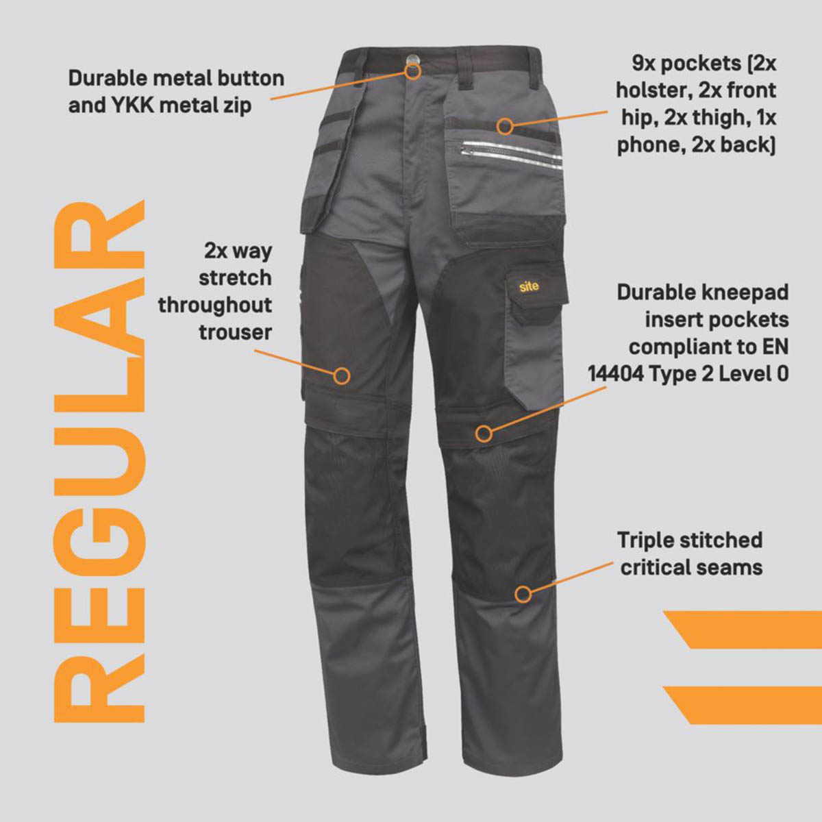 Site Work Trousers Mens Regular Fit Grey Black Stretch Multi Pockets 42"W 30"L - Image 4