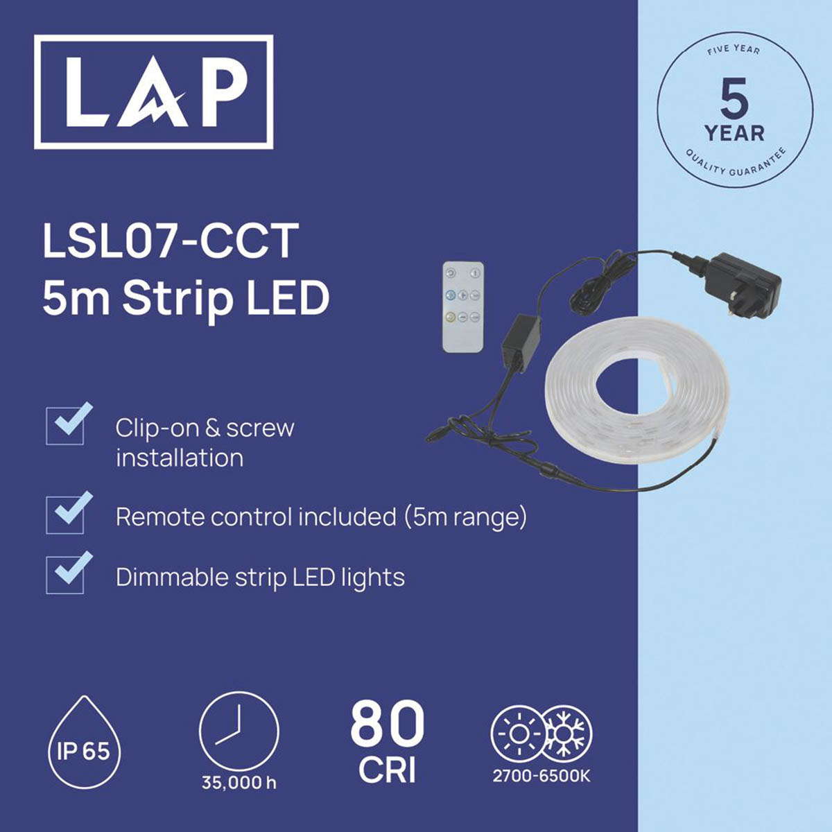 LAP LED Strip Light 5m Variable White 20W 2000lm 28 Lights per Metre - Image 3
