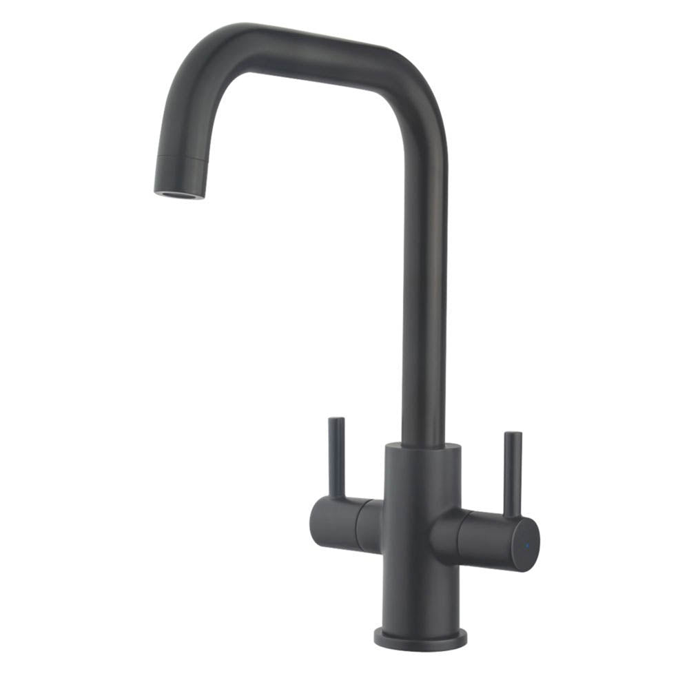 Kitchen Mixer Tap Matt Black Dual Double Lever Deck Mount Modern Swivel Spout - Image 1