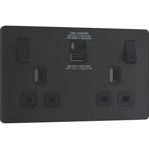 Double Wall Plug Socket 13A 2 Gang Switched 3A 2 USB Ports Type A C Matt Black - Image 1