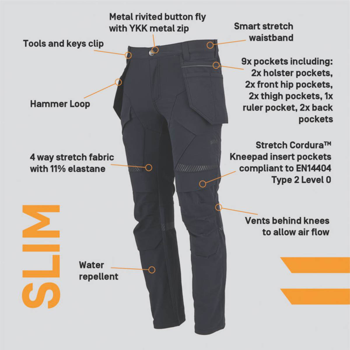 Site Work Trousers Mens Slim Fit Black Stretch Multi Pockets Cargo 32"W 32"L - Image 3